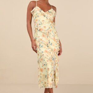 Lulus Dreamy Personality Yellow Floral Ruffled Sleeveless Midi Dress - Size XL